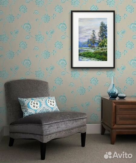 Картина акварель пейзаж лес река озеро лето