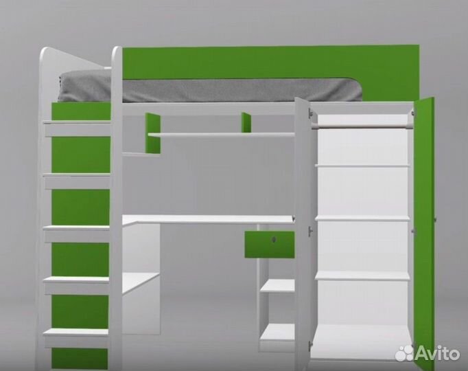 Кровать чердак со столом и шкафом Белый/Розовый