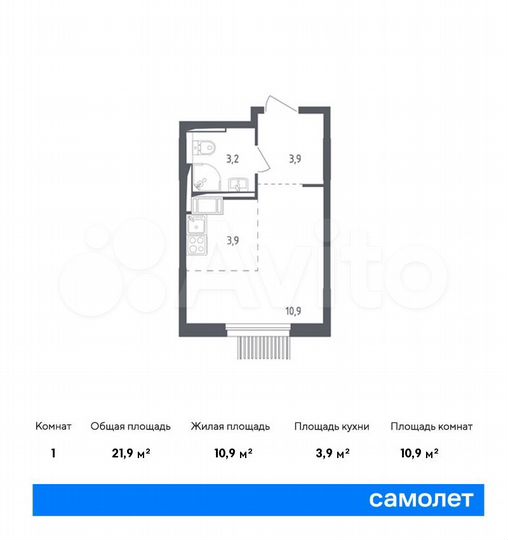 Квартира-студия, 21,9 м², 10/10 эт.