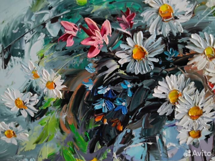 Картина холст масло 72*72 полевые цветы букет