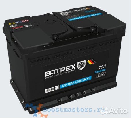 Аккумулятор Classic 75 Ah, 620 A, 278 х 175 х 190 прям. batrex 4610082700307