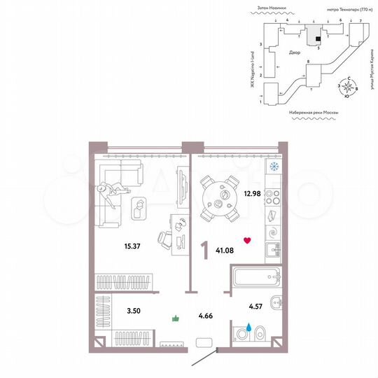 1-к. квартира, 41,1 м², 4/20 эт.