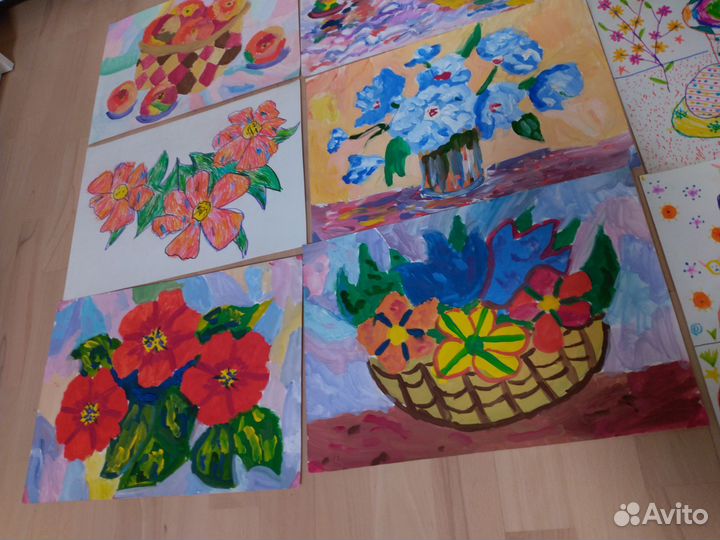 Детские рисунки, цветы, лодки картины в детскую А3