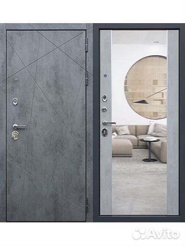 Дверь Входная № 205 Дуэт с зеркалом Бетон Светлый