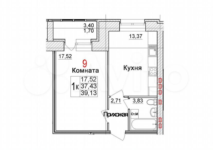 1-к. квартира, 39,1 м², 2/4 эт.