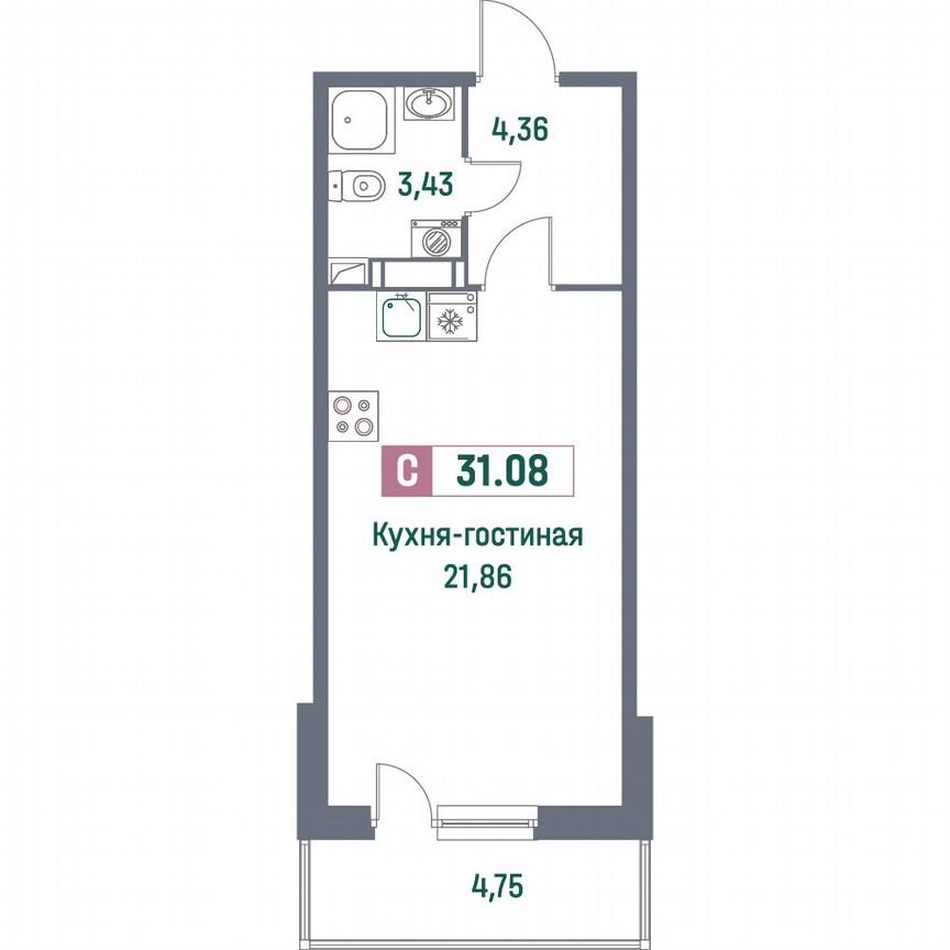 Квартира-студия, 31,1 м², 16/16 эт.