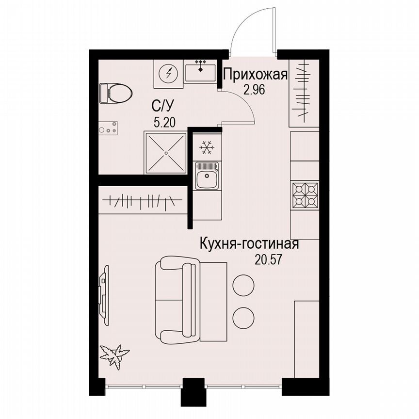 Квартира-студия, 28,7 м², 2/6 эт.