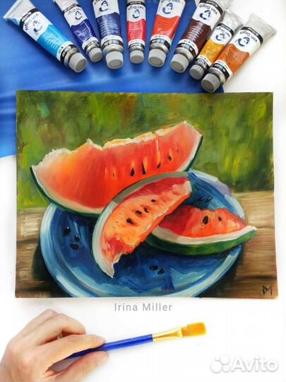 Картина маслом с арбузом, фрукты, натюрморт, 23*30