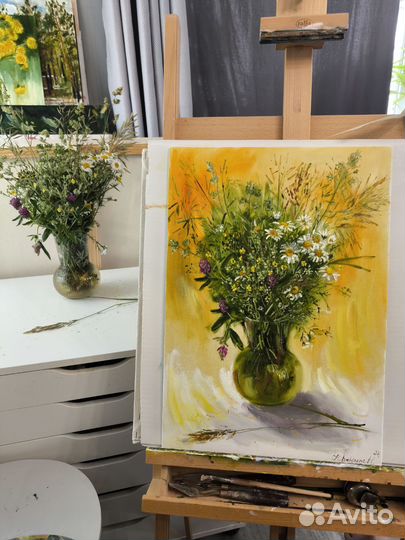 Картина этюд полевые цветы ромашки маслом