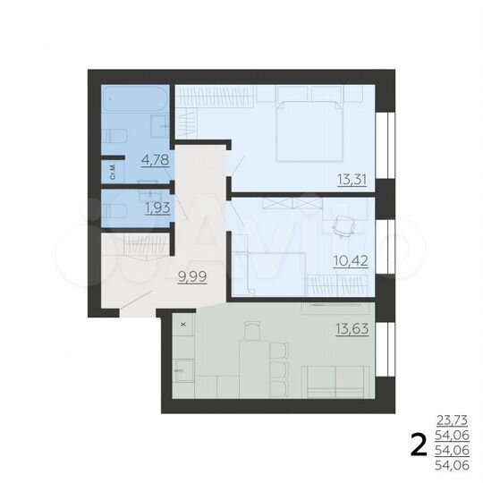 2-к. квартира, 54,1 м², 4/6 эт.
