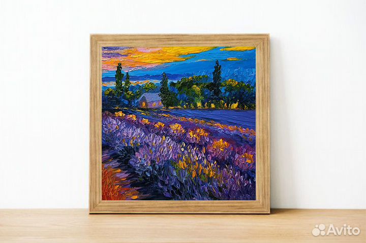 Картина маслом Лавандовое поле, холст 20х20 см