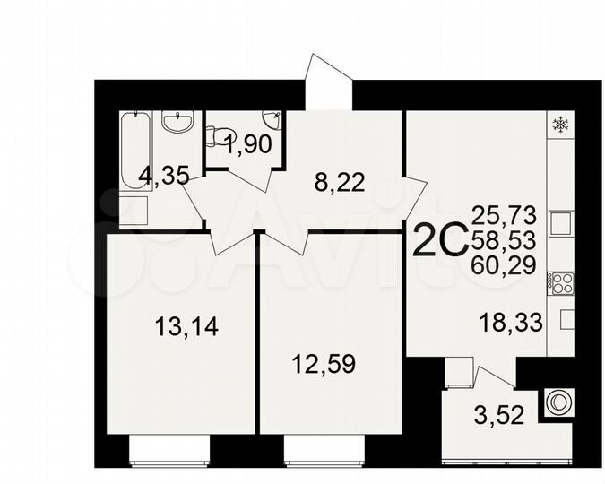 2-к. квартира, 60,3 м², 7/15 эт.