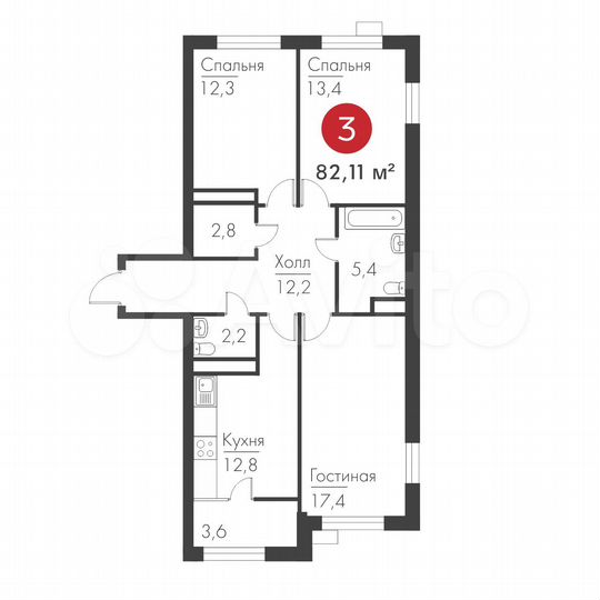 3-к. квартира, 82,1 м², 16/19 эт.