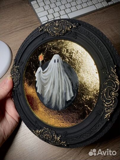 Картина маслом, привидение, призрак в рамке, 20 см