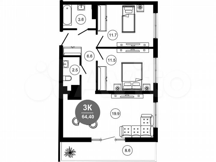 3-к. апартаменты, 60,4 м², 2/10 эт.