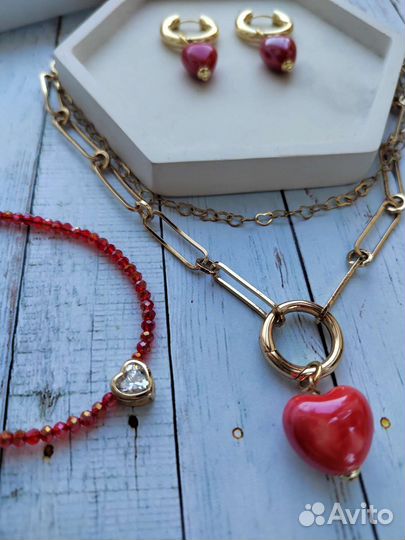 Серьги трансформеры, колье и цепь позолота