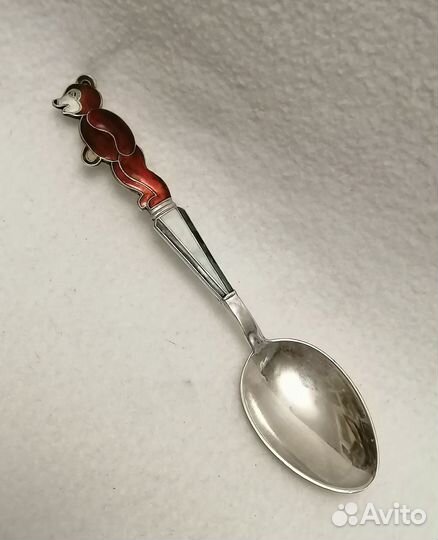 Чайная ложка. Серебро 916 проба. Мишка. Эмаль