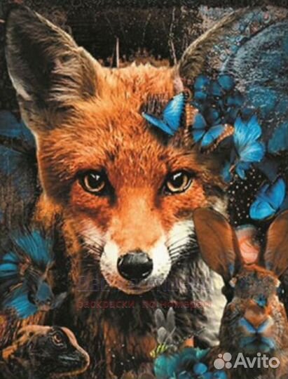 Алмазная мозаика 40x50 Лиса, заяц и голубые бабочк