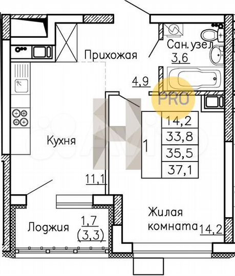 1-к. квартира, 35,5 м², 9/13 эт.