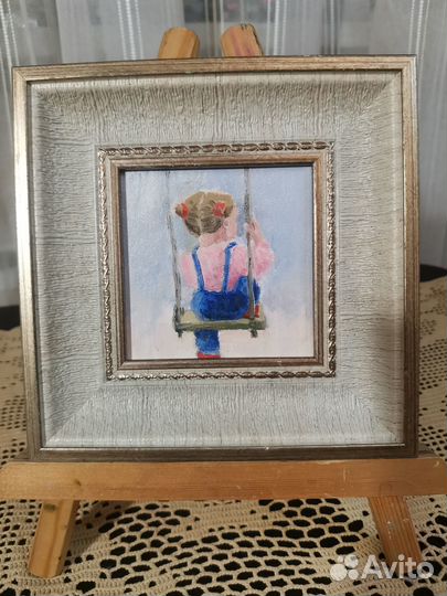 Миниатюрная картина в рамке, Масло На качелях