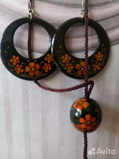 Ожерелье и серьги Из дерева расписной Русская Крас