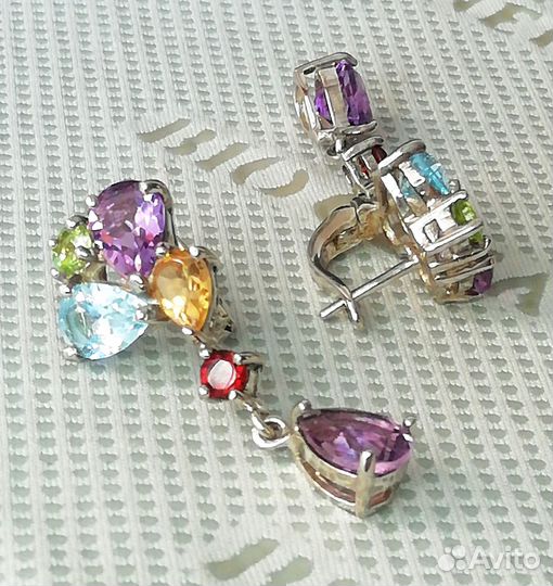 Серьги серебро аметист, цитрин, топаз, гранат С378