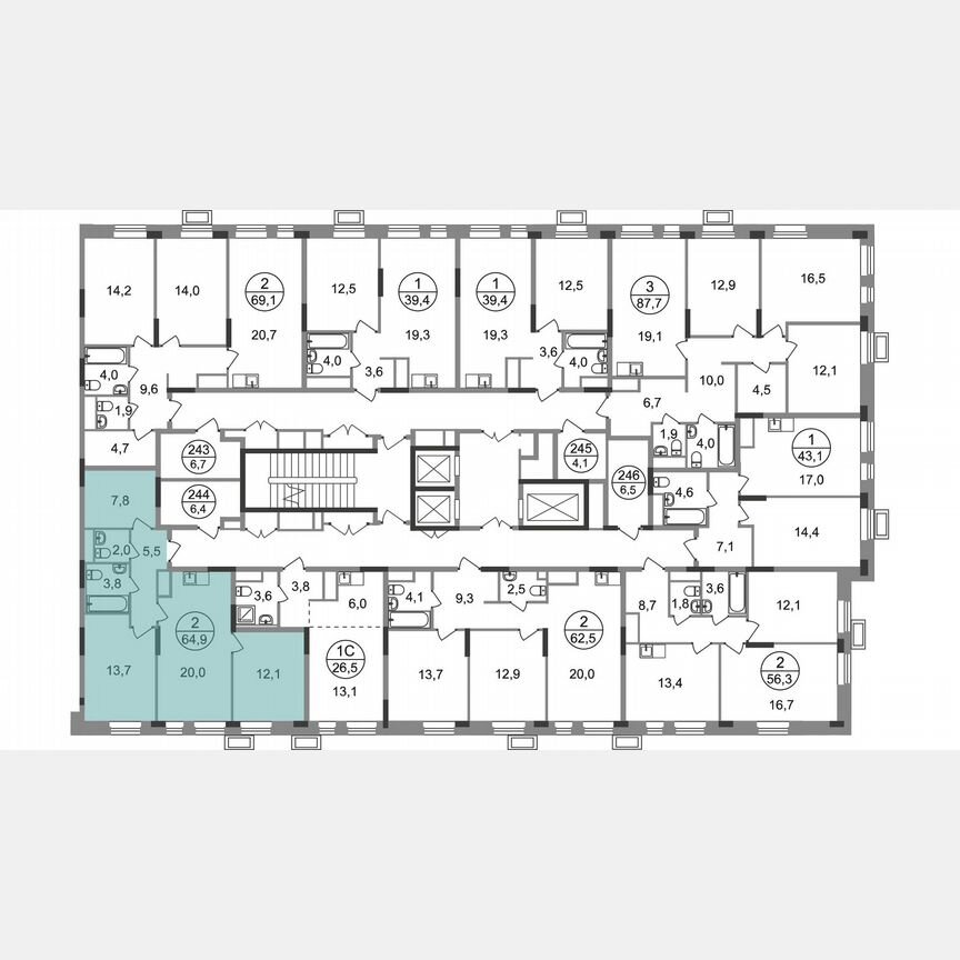 2-к. квартира, 64,9 м², 15/19 эт.