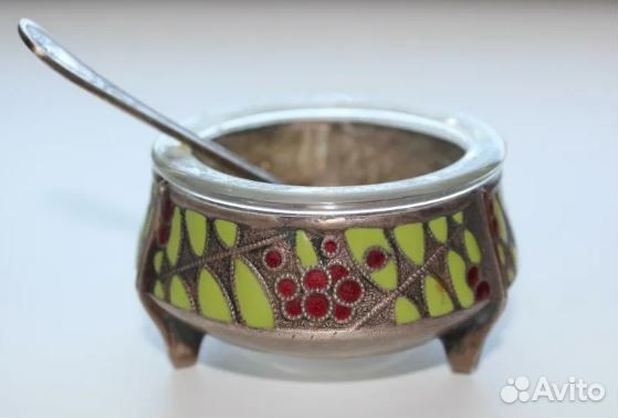 Горчичница с ложечкой Мельхиор юммет, две эмали