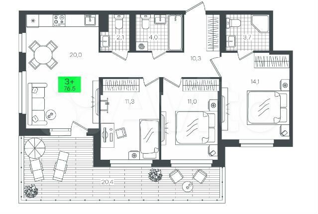 3-к. квартира, 76,5 м², 1/15 эт.