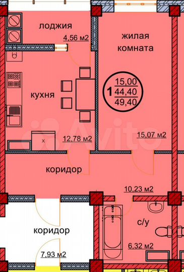1-к. квартира, 49,4 м², 2/12 эт.