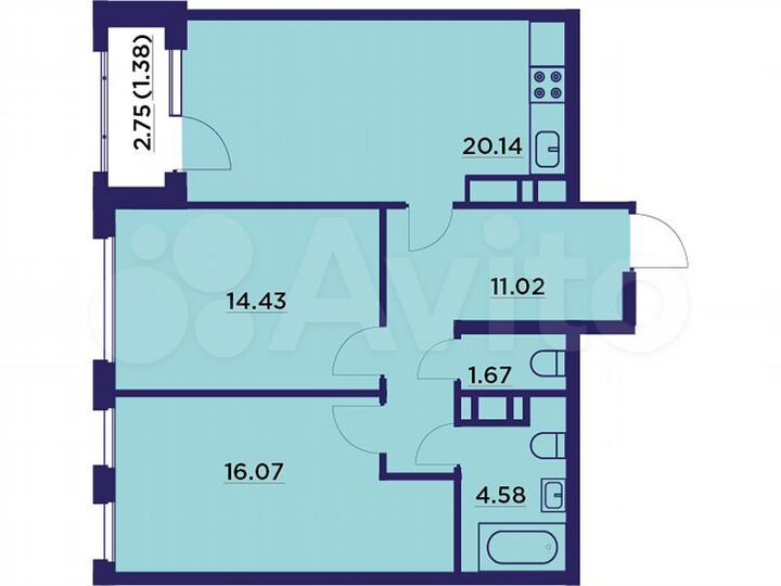 2-к. квартира, 71,6 м², 17/18 эт.