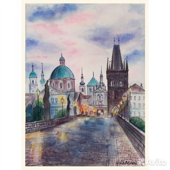 Акварельная картина Прага. Карлов мост