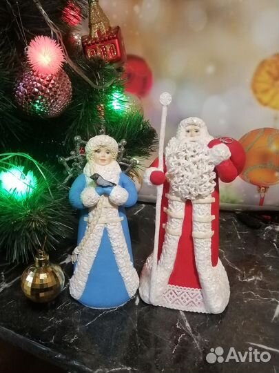 Дед мороз и снегурочка под елку. Ватные игрушки