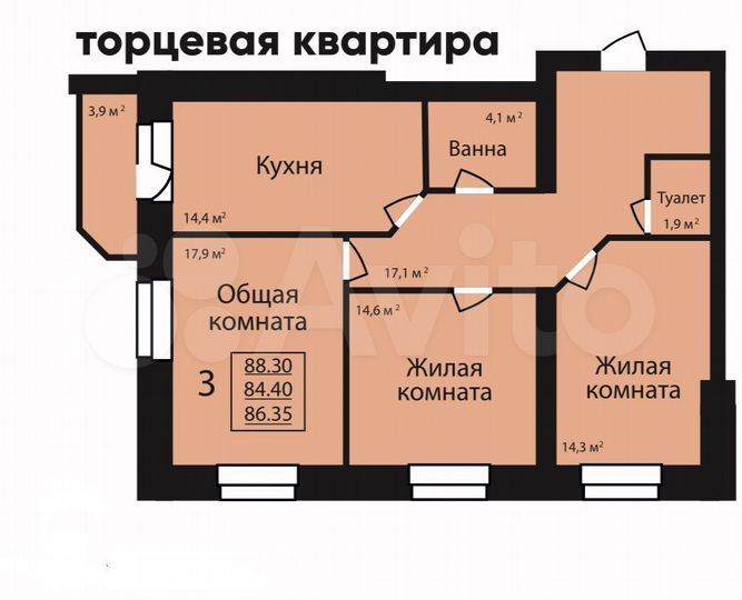 3-к. квартира, 86,4 м², 2/9 эт.