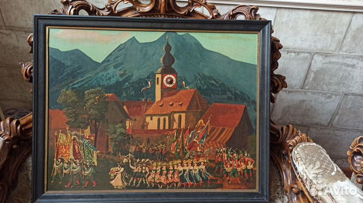 Картина(гравюра на дереве),с часами,Европа сер.20в