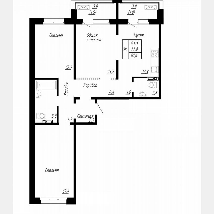 3-к. квартира, 81,6 м², 7/17 эт.