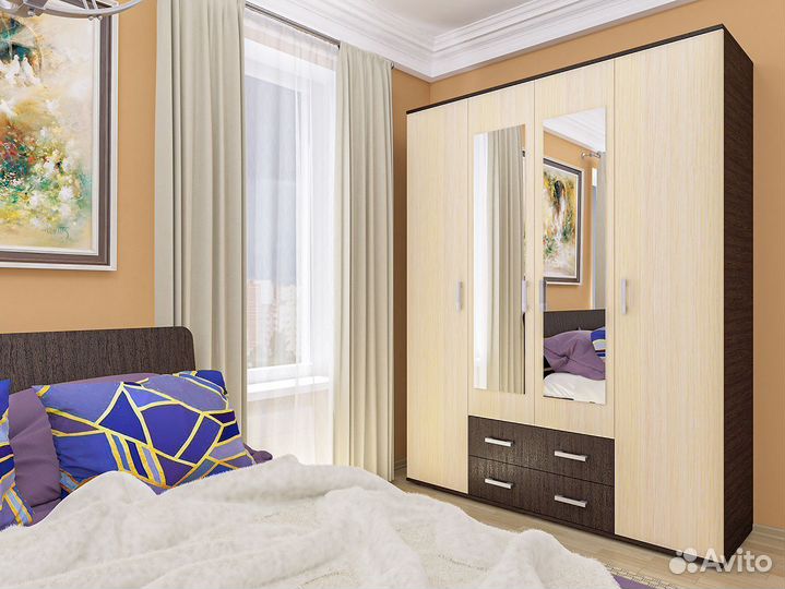 Шкаф 4-х дверный с ящиками и зеркалом шон-7