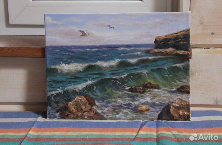 Картина маслом на холсте пейзаж Прозрачная волна