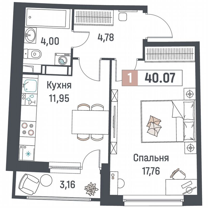 1-к. квартира, 40,1 м², 11/18 эт.