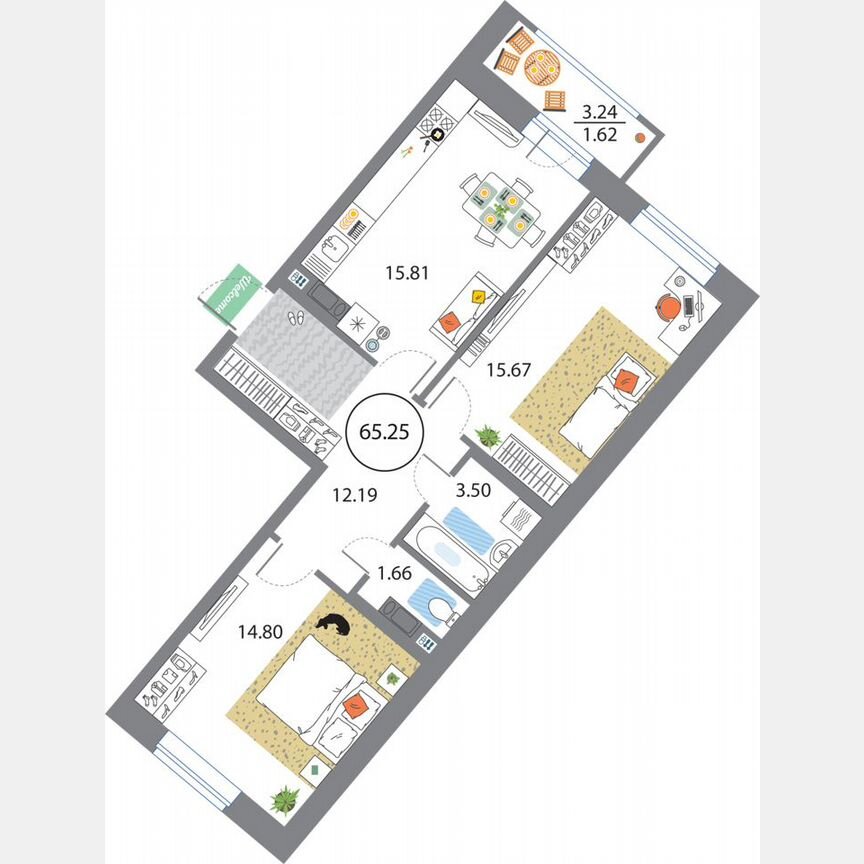 2-к. квартира, 65,3 м², 7/12 эт.