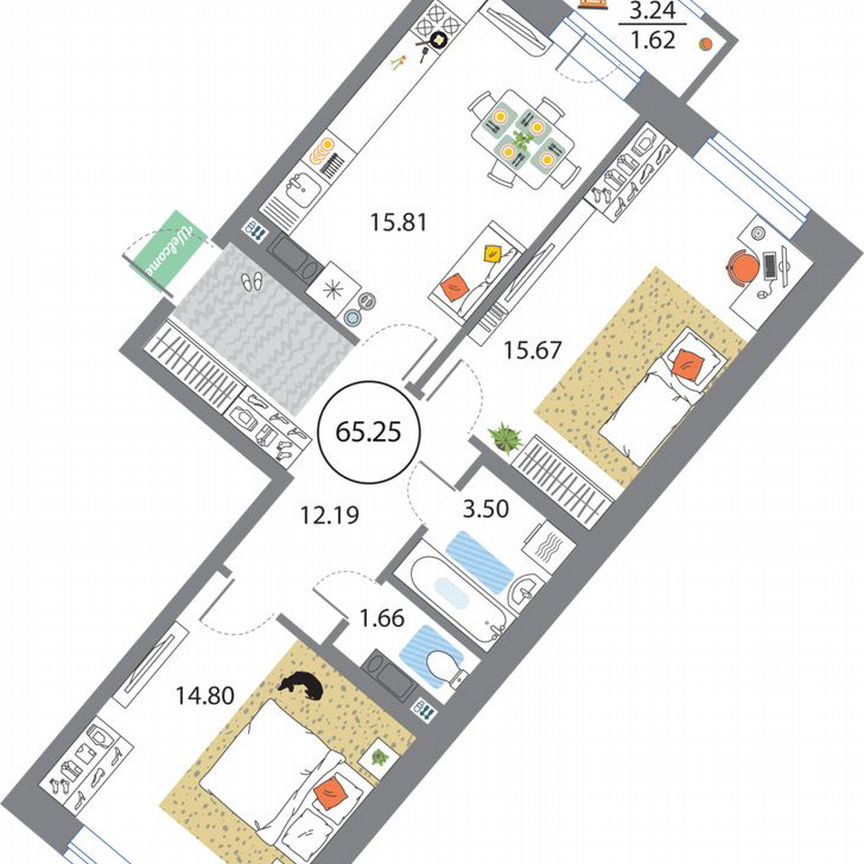 2-к. квартира, 65,3 м², 7/12 эт.