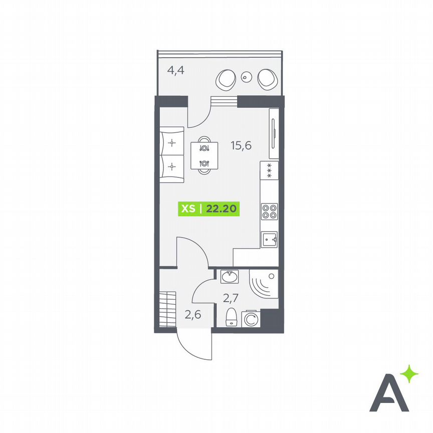 Квартира-студия, 22,2 м², 1/11 эт.