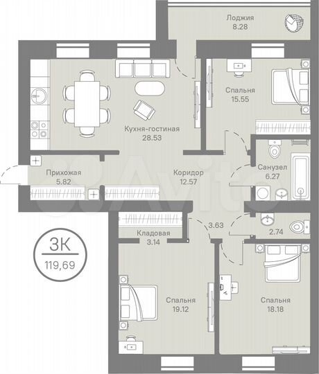 3-к. квартира, 119,7 м², 7/9 эт.