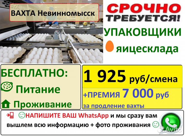 Невинномысск Упаковщик яиц вахта с питанием
