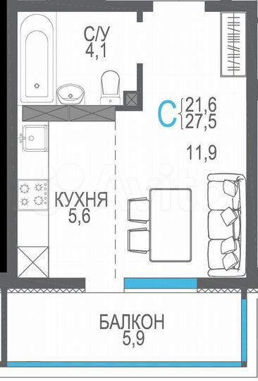 1-к. квартира, 27,5 м², 6/9 эт.