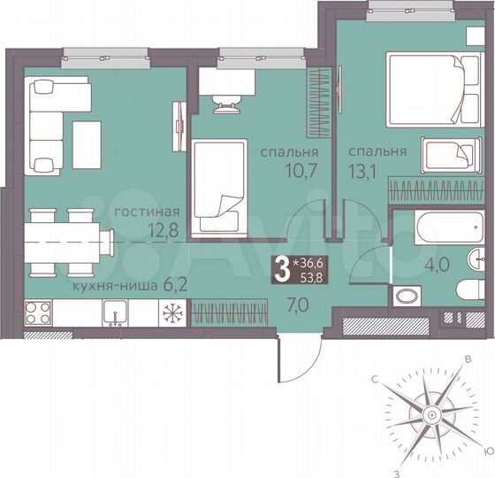 3-к. квартира, 53,8 м², 8/16 эт.