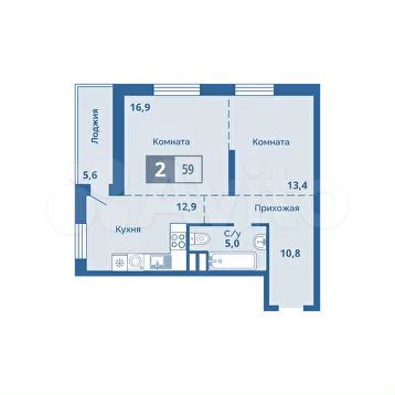 2-к. квартира, 59 м², 6/15 эт.