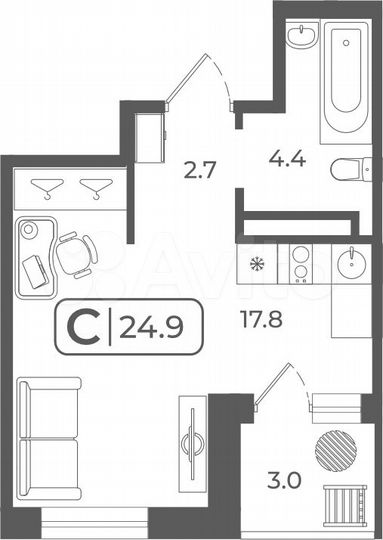 Квартира-студия, 24,6 м², 13/22 эт.