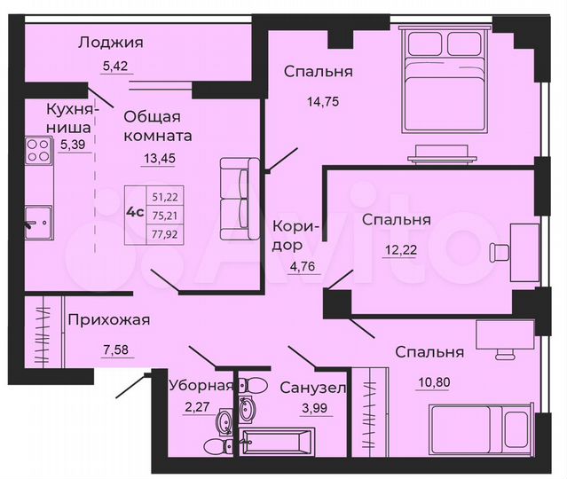 4-к. квартира, 78 м², 18/24 эт.