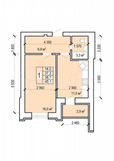 1-к. квартира, 40,1 м², 2/10 эт.